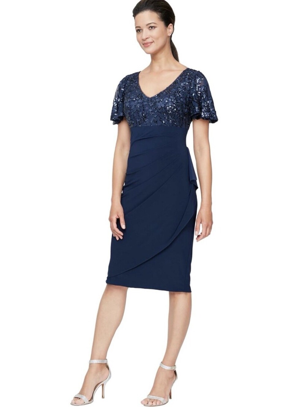 Alex Evenings Knee Length V Neck Cocktail Dress Size 10 Navy NWT $199